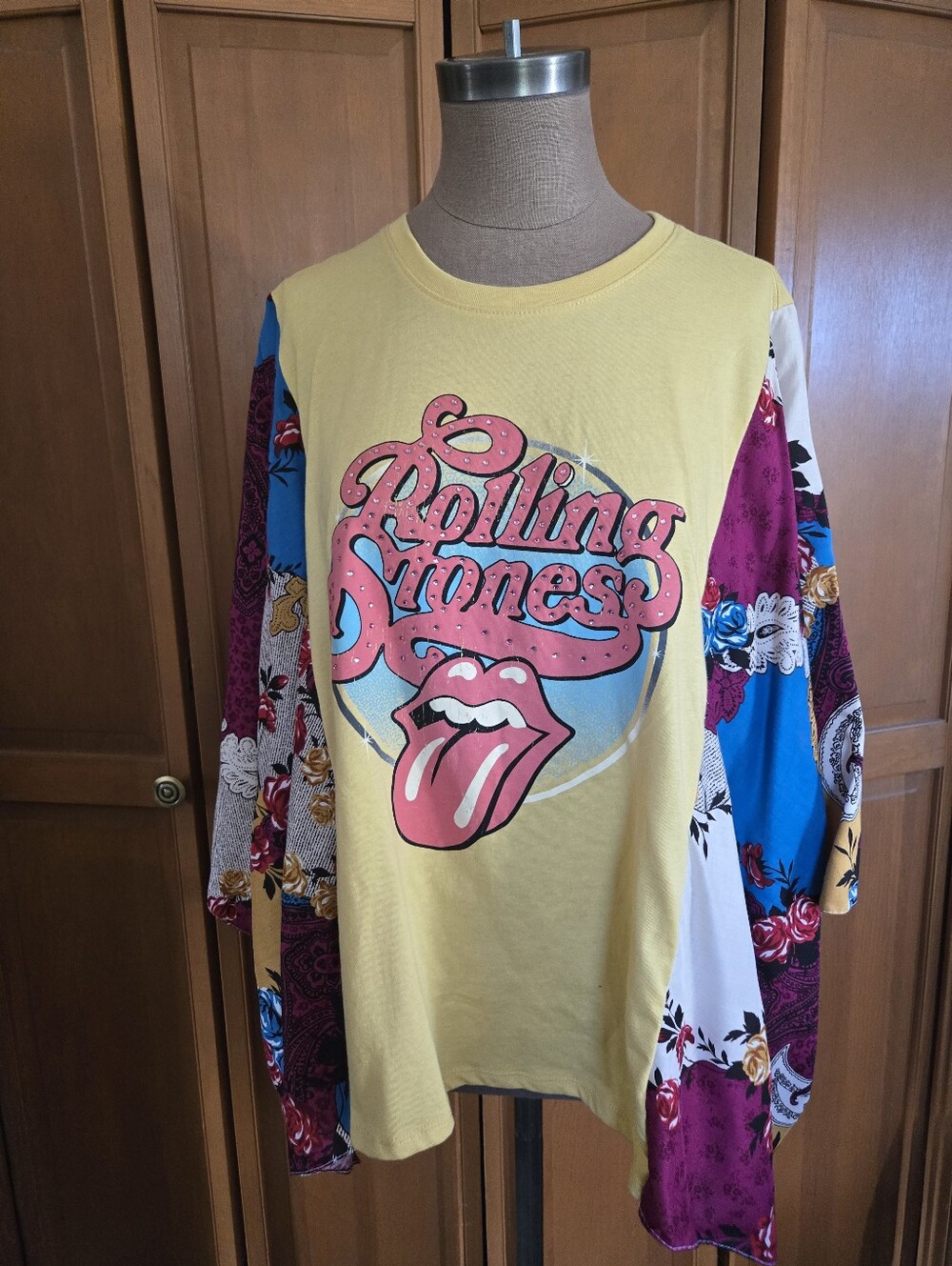 Rolling Stones Yellow Graphic Long Sleeve Tee with Mixed Print Boho Sleeves